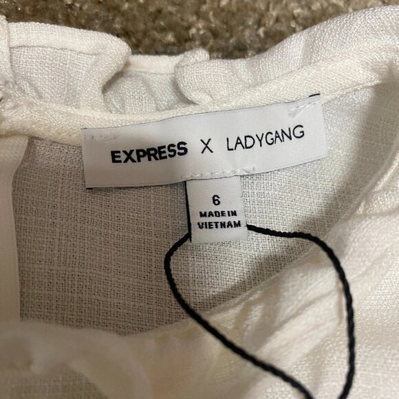 Express X Ladygang Ruffle Mini Dress Sz 6 White Flutter Country Western Peasant - Picture 10 of 16